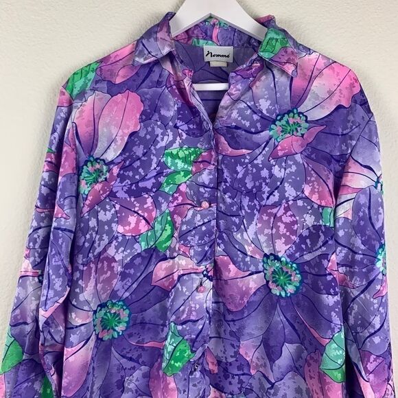 Vintage 80’s Women’s Purple Pink Satin Floral Oversized Button Down Blouse M - Picture 4 of 7